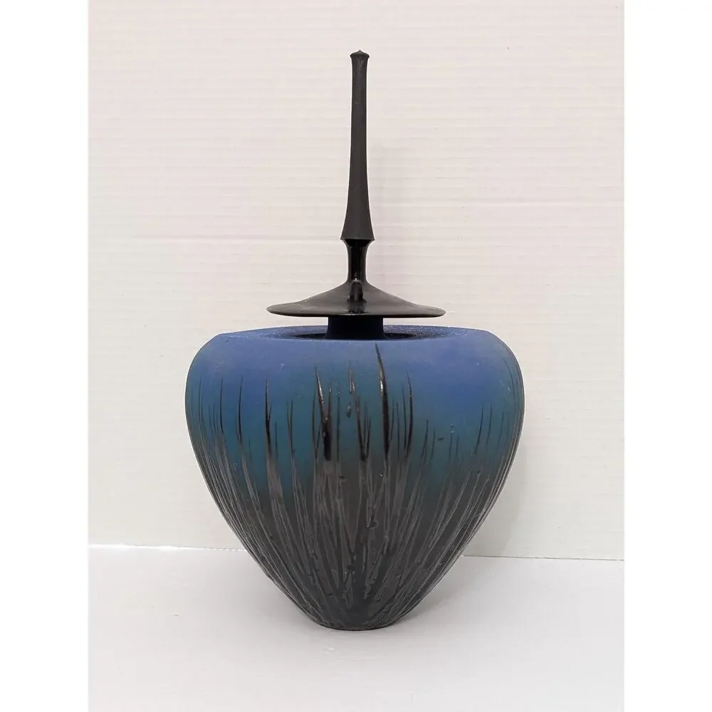 Modernist Studio Art Pottery Lidded Vessel Ombre Blue Sgraffito Grass Tall